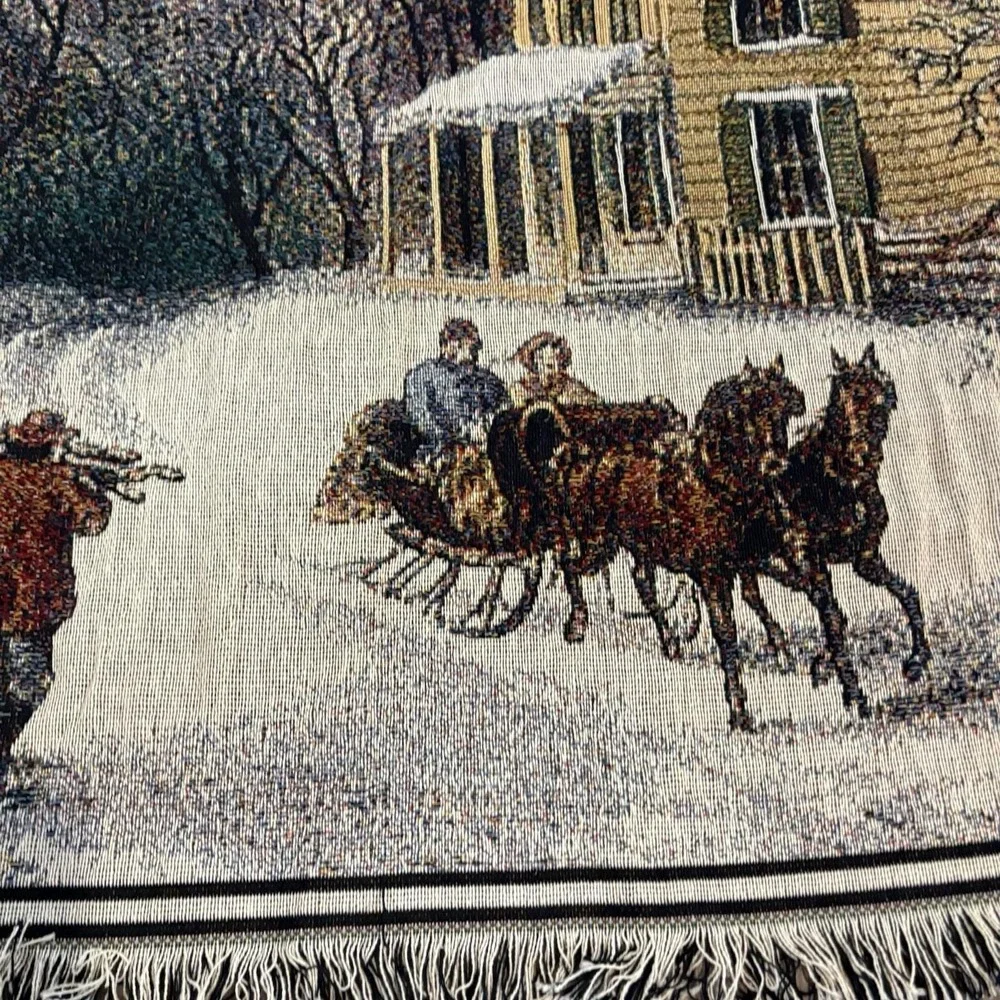 VTG Crown Crafts Horse Carriage Cottage Home Tapestry Woven Throw Blanket 46x54